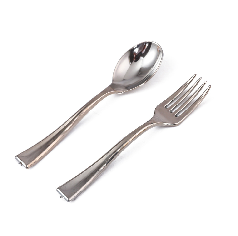 Одноразовая пластиковая вилка и ложка для торта, мини-вилка для десертов, ложка для пудинга, серебристая