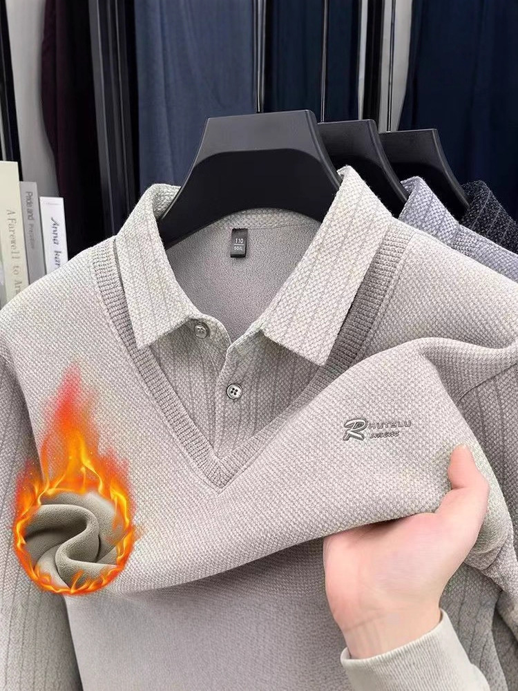 Trendy Chenille Faux Two-Piece Fleece-Lined Thickened T-Shirt Sweater for Men, New Autumn and Winter Versatile Warm Top