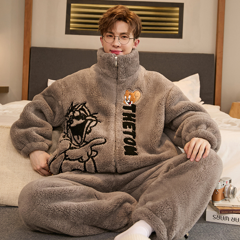 Pajamas for Men Winter Coral Velvet Thickeneded Fleece-Lined Large Size Autumn and Winter Men's Youth High School Students and Older Children's Suits