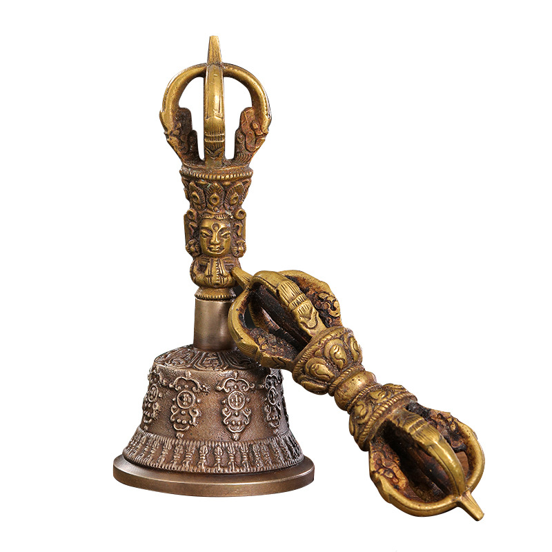 Nepalese Carved Vajra Bell and Vajra Pestle Xizang Supplies Five-Strand Hand Bell Pestle Set Mini Wind Chime Gold Bell