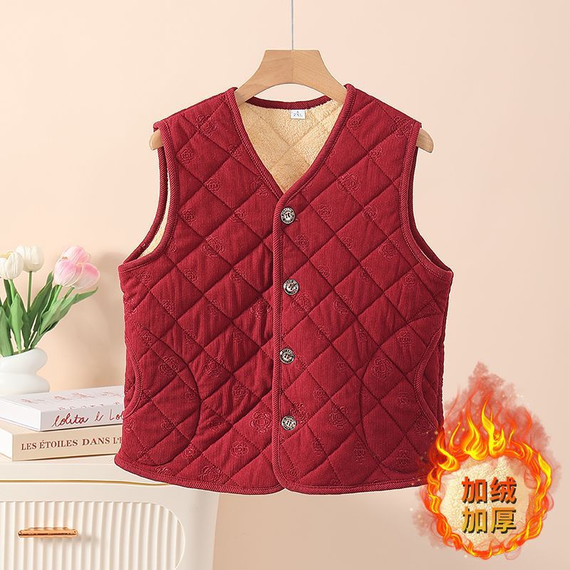 Mom's Fleece-Lined Corduroy Three-Dimensional New Chinese Style Young Embossed Waistcoat Fashionable Warm Autumn and Winter Thickened Vest