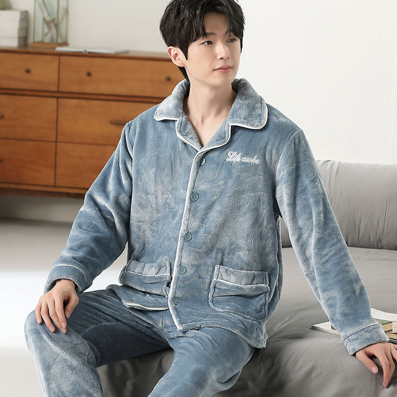 Autumn and Winter New Flannel Embroidery Solid Color Casual Casual Men's Pajamas Can Be Worn Outside Homewear Suit
