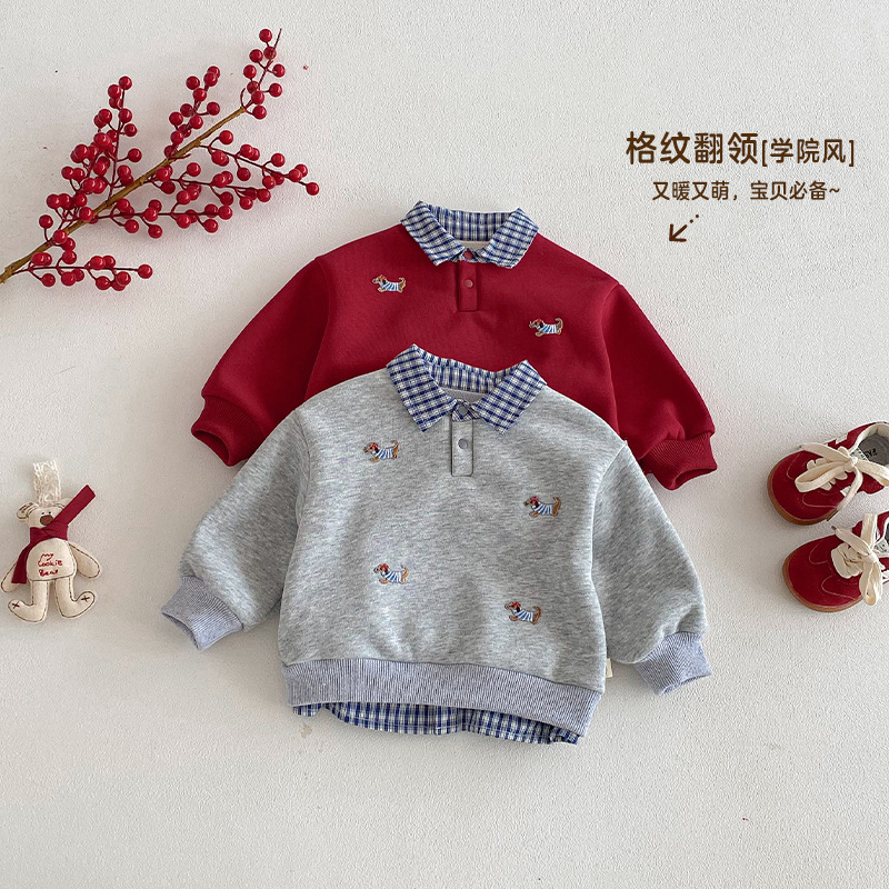 Children's Label Sweatshirt with Small Left and Right Patches, Winter Boys' Fashionable Turn-Down Collar Fleece Pullover, Baby Red New Year Outfit