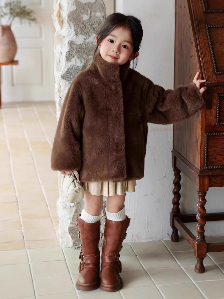 Girls' Fur One-piece Imitation Mink Velvet Eco-friendly Fur Jacket with stand collar Girls' Thickened Short Children's Mao Mao Winter Wear