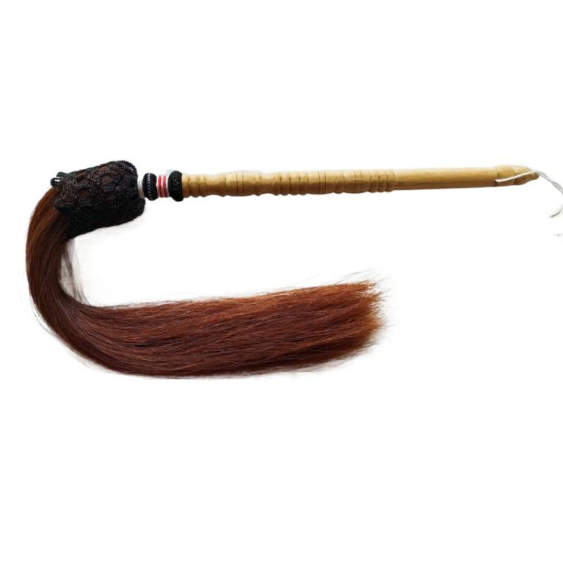 Peach Wood Handle Real Horsetail Whisk, Coffee Black Tai Chi Whisk, Handmade Martial Arts Whisk, Fitness Whisk, Whip