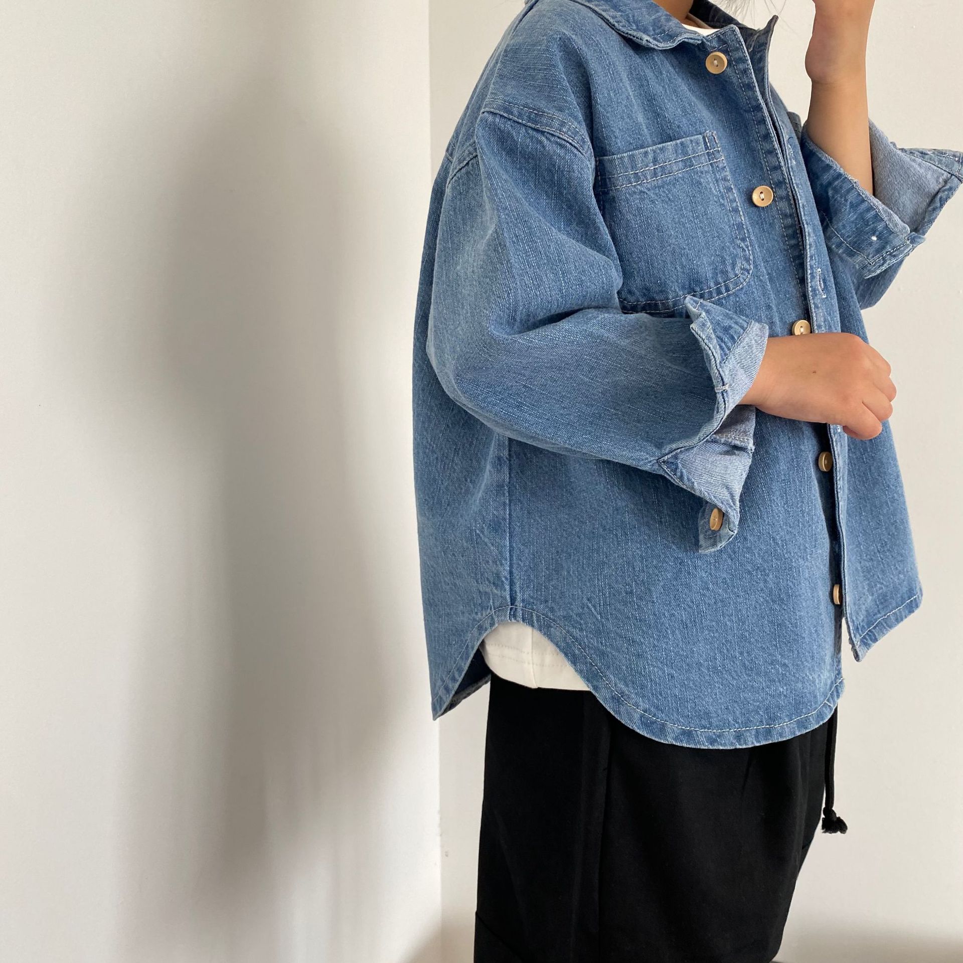 Gl-Kids K-Style of Autum New Kidsren's Small Flap Pocket Pants Thin Denim Shirt, Men's and Women's Easy-To-Wear Denim Top