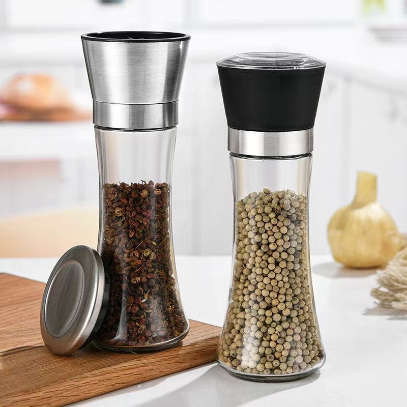 Cross-Border Stainless Steel Household Manual Glass Bottle Grinder Pearl Cotton Kitchen Supplies Pepper Sea Salt Grinding Bottle