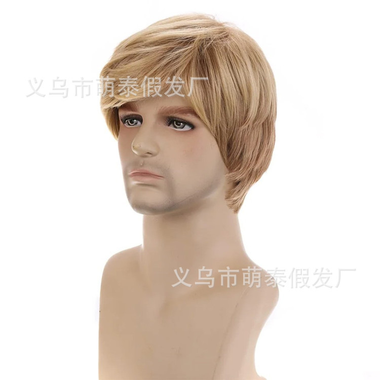 2023 new men's wig slanting bangs light gold men's short hair fashion Chemical Fiber men's headgear European and American men's hair Gold