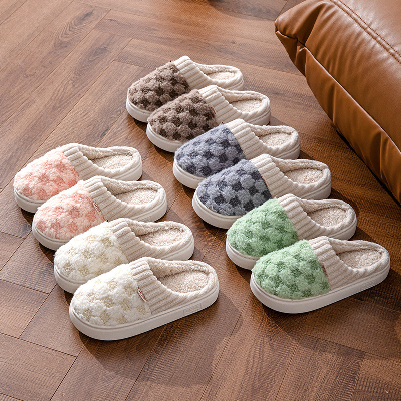 Men and Women Couple Indoor and Outdoor Home Wooden Floor Autumn and Winter Corduroy Plush Warm Cotton Slippers with Plaid Stitching