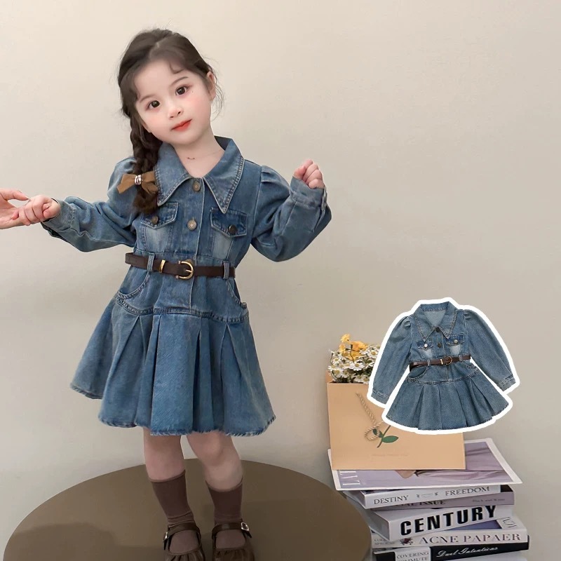 Девочкам корейская юбка с воротником-поло из хлопка, джинсовая, весна-осень 2025, модное ретро-стильное платье для детей