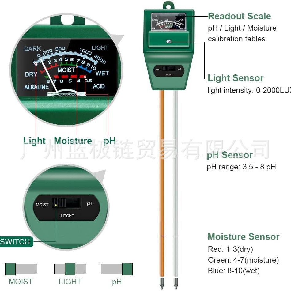 Cross-Border New Product Soil Moisture/Light/Ph Testing Gardening Instrument Soil Moisture Meter Measurement