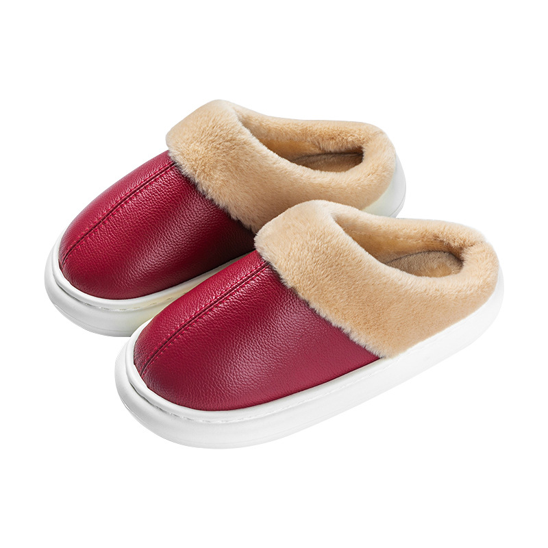 Customized Eva Waterproof Cowhide Cotton Slippers for Men and Women, Anti-Slip Flannel Warm Thick-Soled Leather Slippers for Couples