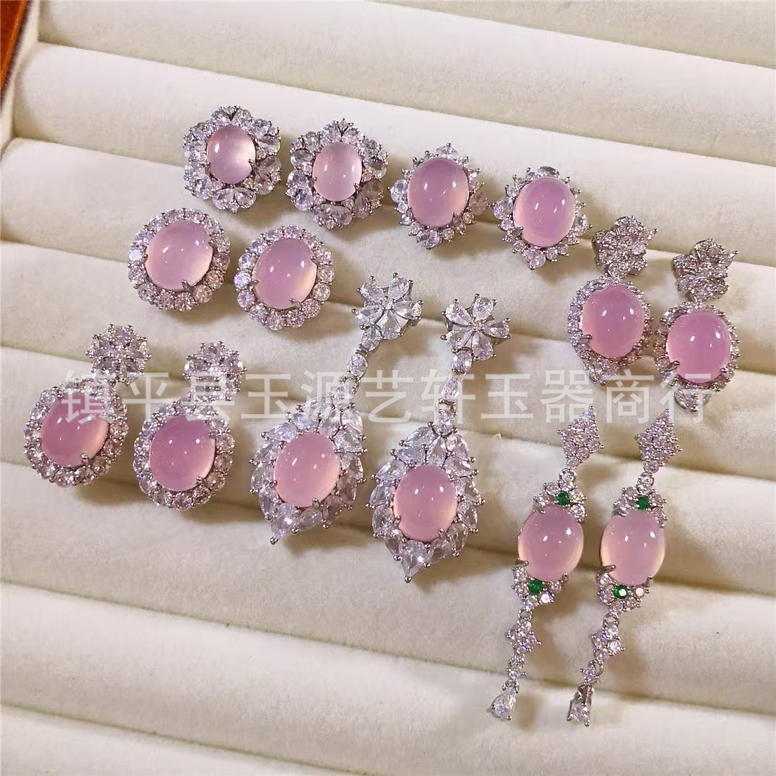 Guofeng Luxury Vintage Inlaid 925 Platinum Plated Green Egg Surface Chalcedony Earrings Agate Women's Earrings Live Supply