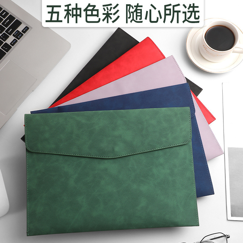 Business Leather File Bag A4 Large Capacity Waterproof Thickened Magnetic Buckle High-end Office Contract Meeting Storage Information Bag