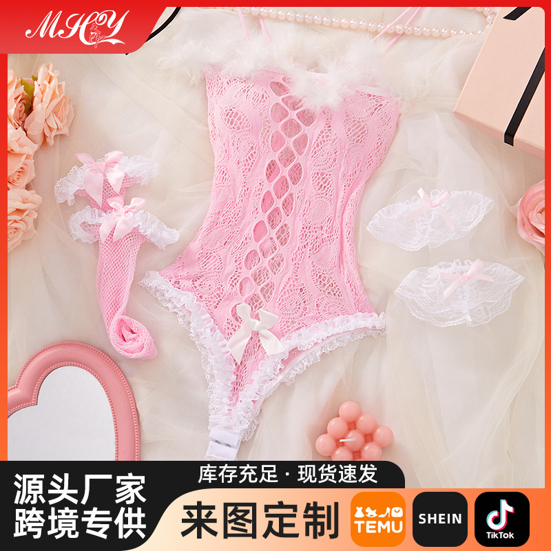 Кросс-бодрящий сексуальный комплект нижнего белья больших размеров, милый кролик, соединенный кружевной униформой, сетчатый костюм, внешняя торговля