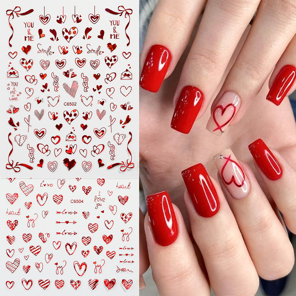 Valentine's Day Nail Art Sticker Laser Red Love Nail Sticker Romantic Valentine's Day Girl Nail Art Decorative Decal