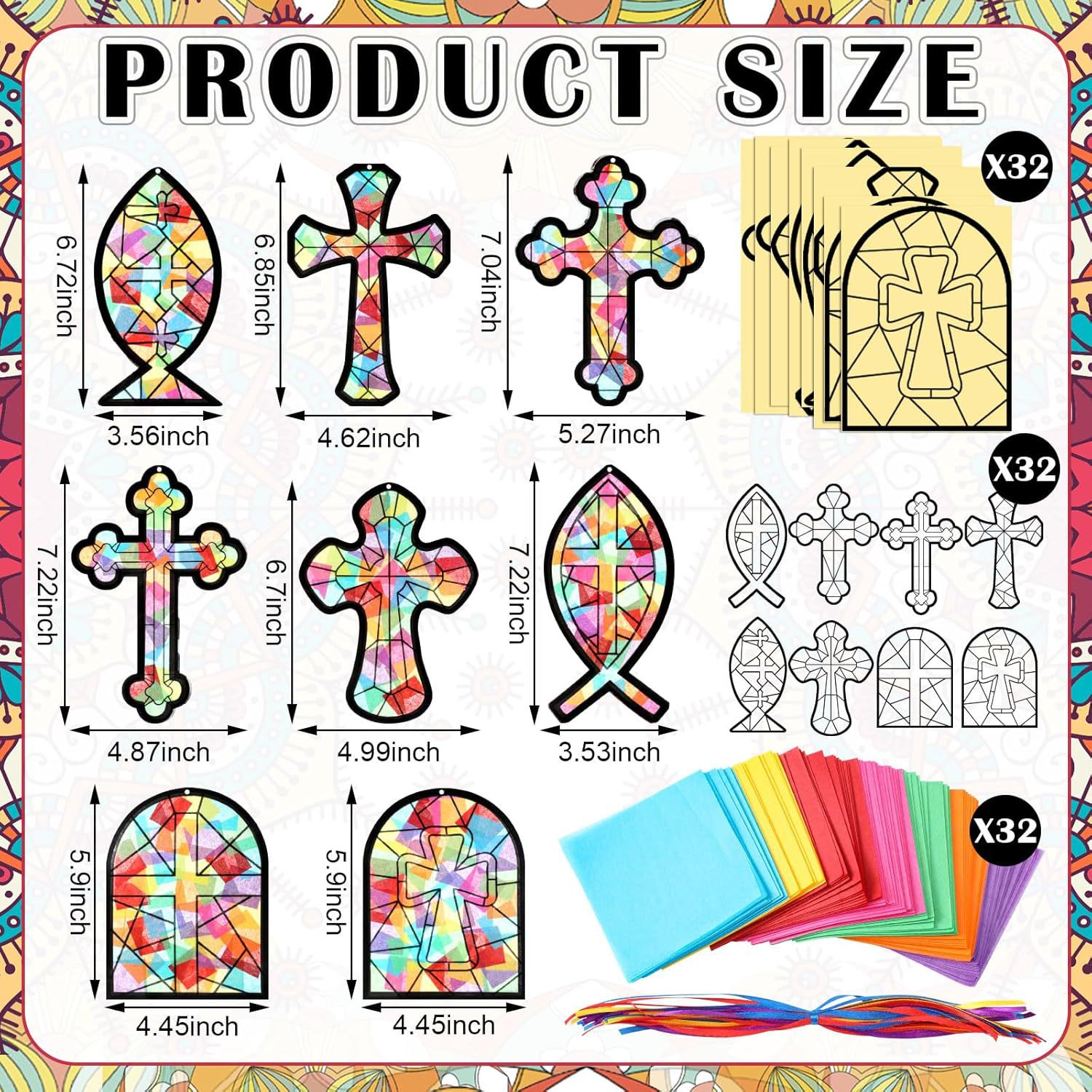 32Pcs Cross Shape Suncatcher Paper Art Set DIY Cross Shape Stained Glass Decoration