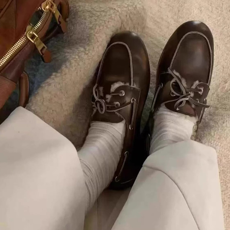 In-Stock Cowhide Version~ New Korean Style Distressed Round-Toe Fleece-Lined Loafers Versatile Genuine Leather Flat Shoes for Women