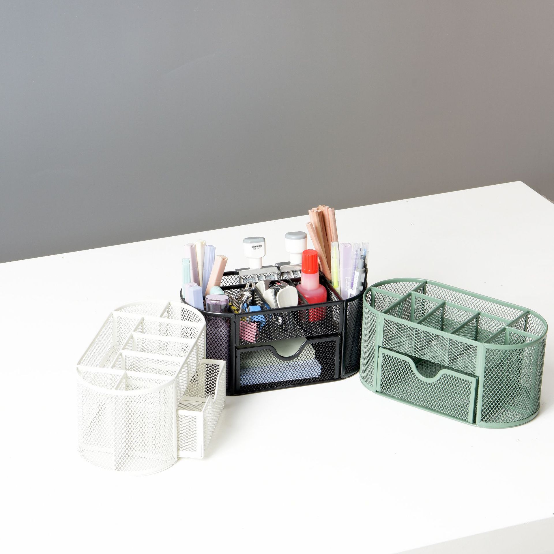 9-Compartment Desktop Pen Holder Set, Metal Mesh Stationery Office Supplies, Multifunctional File Rack, Metal Storage