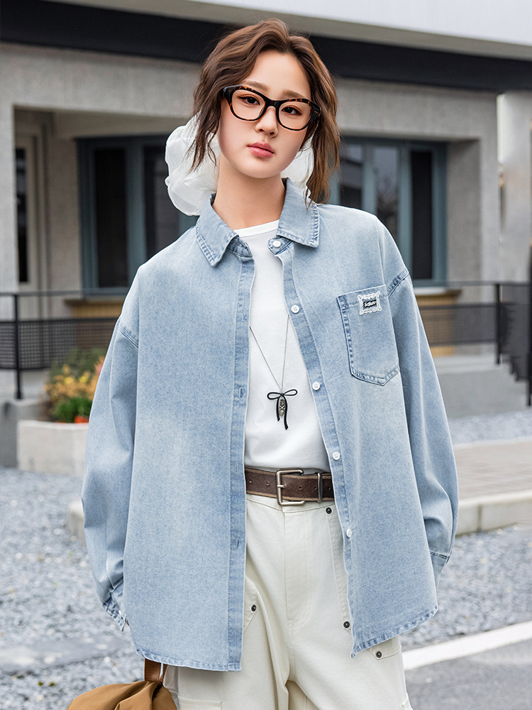 Junior High School Students Denim Shirt Coat Spring and Autumn 2025 New Top Long Sleeve Lapel Casual Shirt for Middle and Big Children