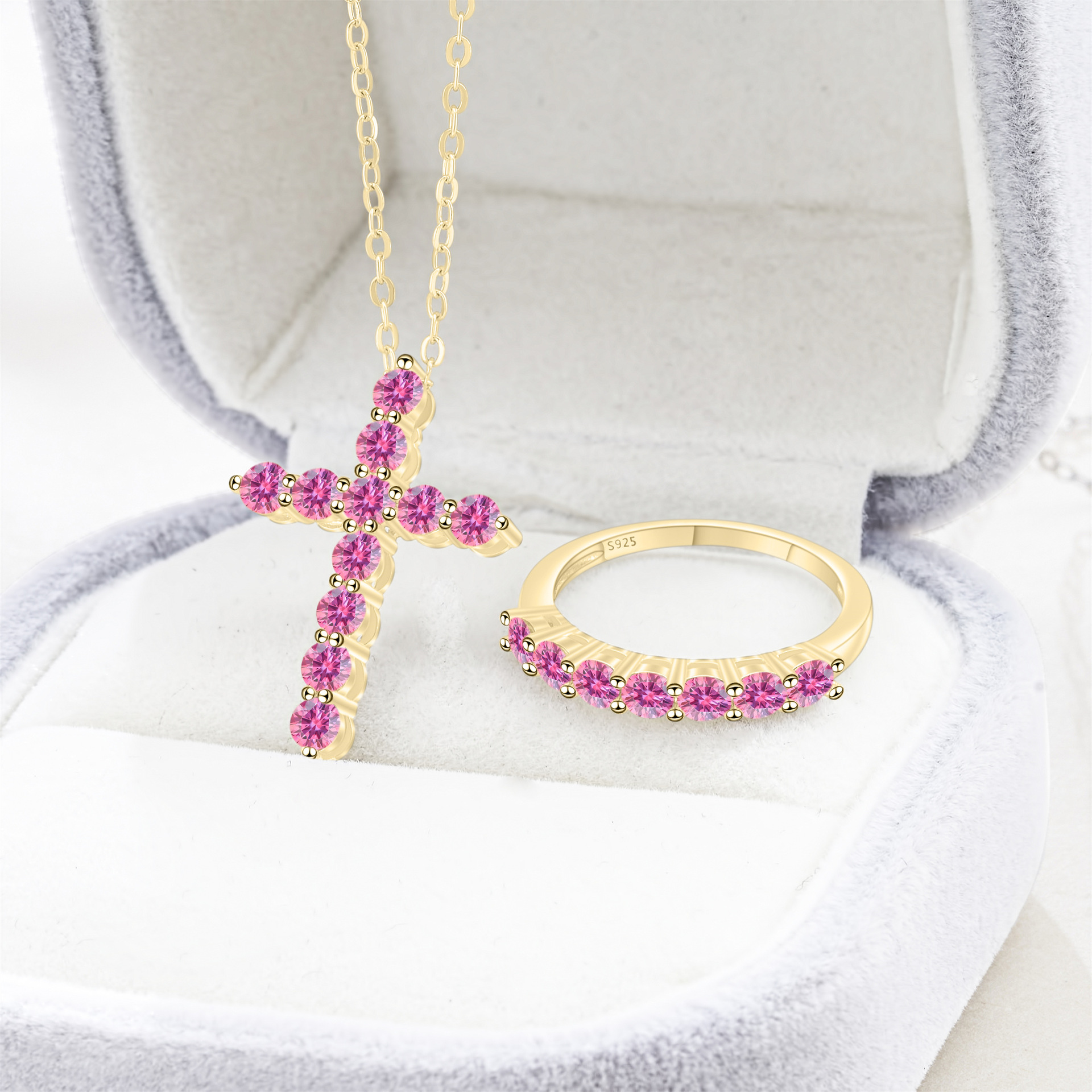 Cross-Border Exclusive S925 Silver Moissanite Necklace + Ring with Certificate, Sparkling Fire-Colored Diamond, Cross-Border Hot Sale