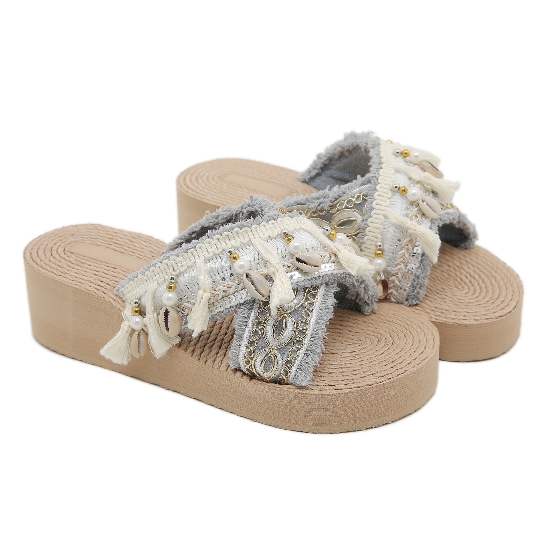 Этнические сандалии с толстой подошвой для женщин, новое летнее изделие, ручная работа, с бусинами и кисточками, ретро-обувь