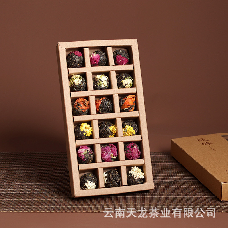 Low Price Wholesale Yunnan Pu'Er Tea Rose Jasmine Peanut Tea Longzhu Tree Pu'Er Tea 6 Flavors 18 Pieces Flower Tea Gift Box