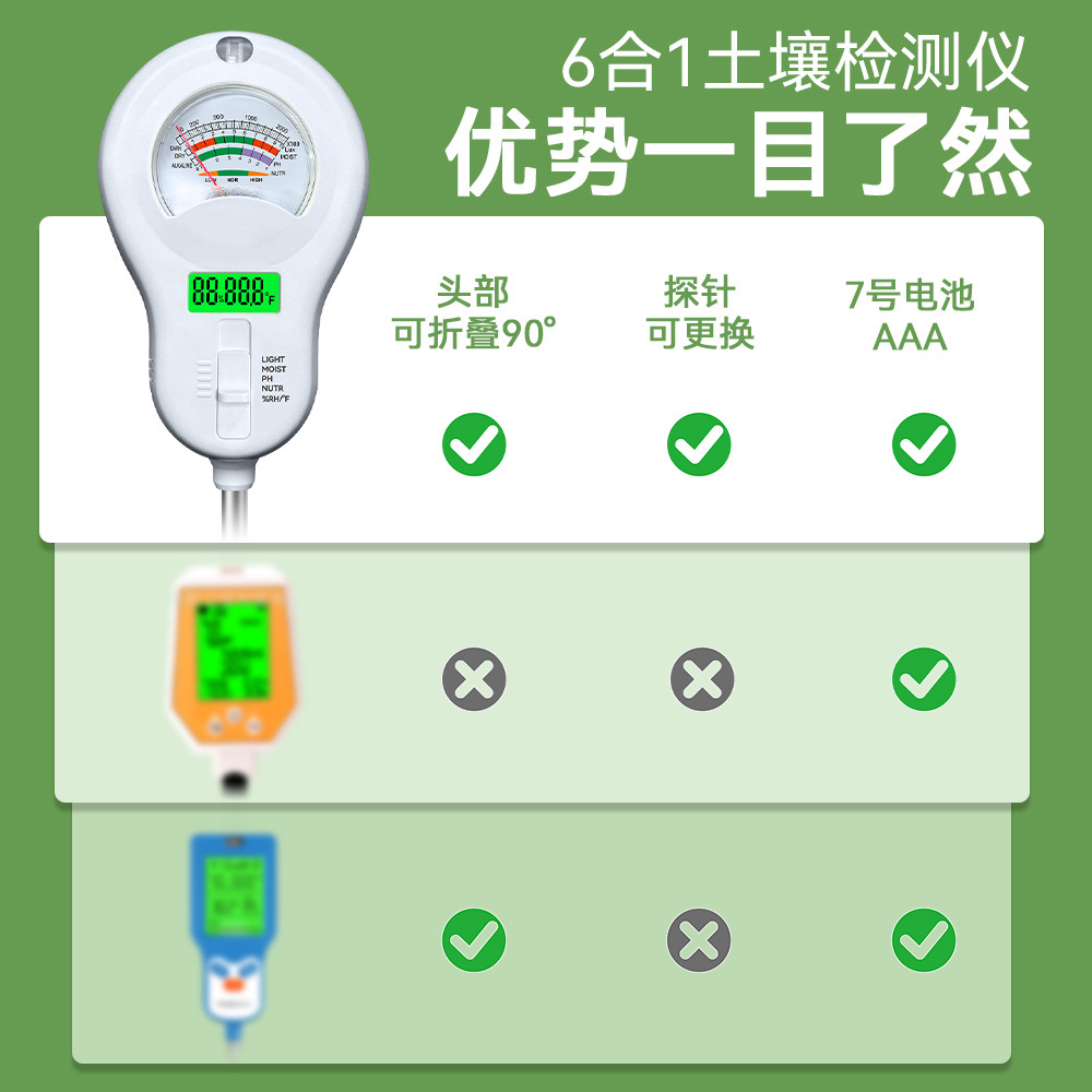 Six-In-One New Soil Detector Foldableing Soil Ph Meter Soil Detector Soil Flower and Grass Soil Moisture Meter