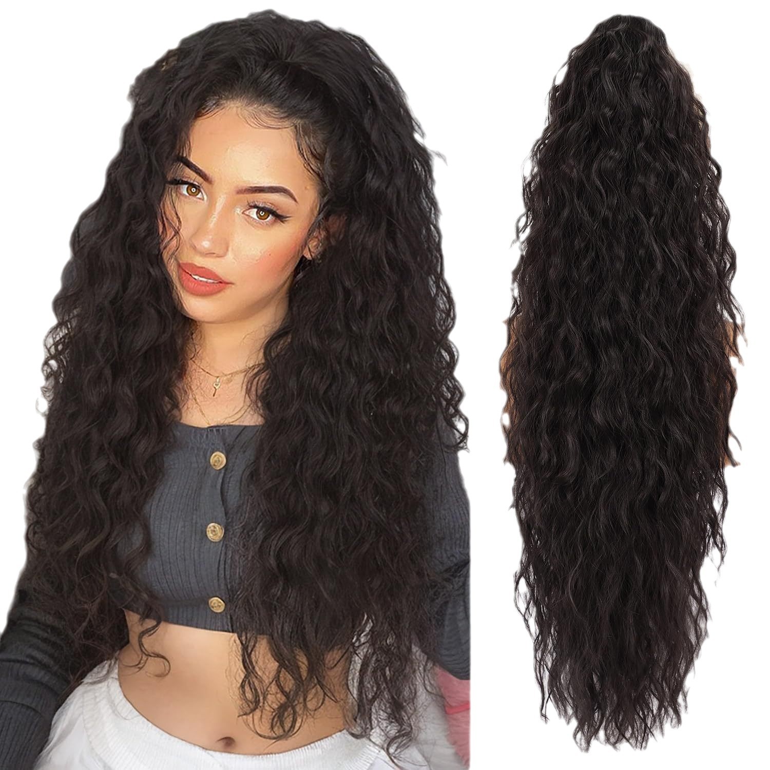 Wig ponytail high temperature silk water ripple long curly hair fluffy corn hot clip ponytail hair extension Ponytail