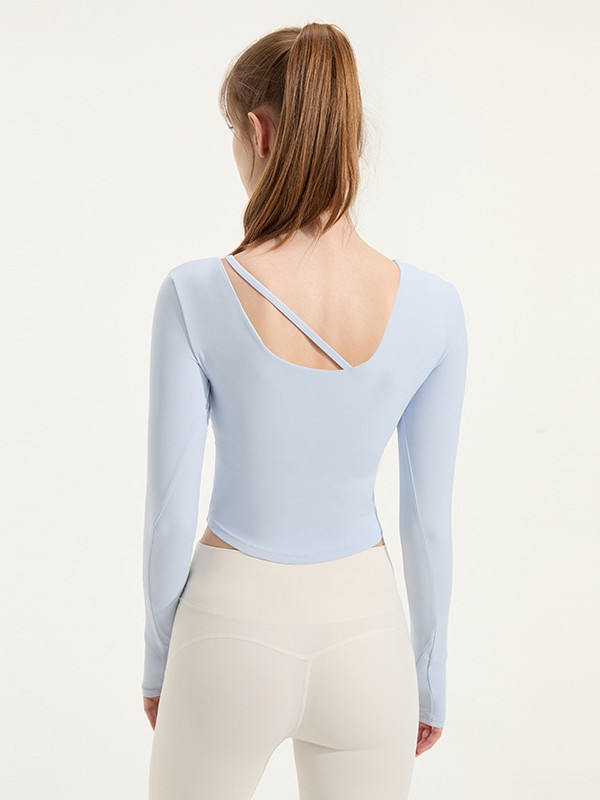 New Style Slanted Shoulder Hollow Sports Top for Women with Side Pleats, Slim Fit, Long Sleeves with Chest Pads, Fitness Yoga Wear for Autumn