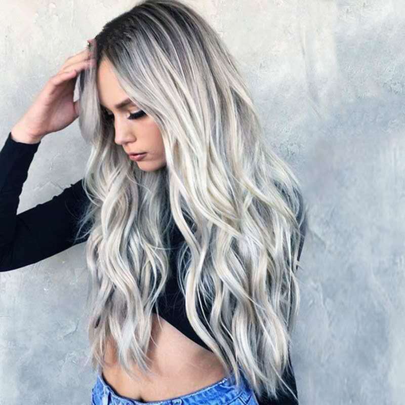 Wig COS gray gradient women's wig wholesale cross-border animation European and American wig bleaching and dyeing long curly hair