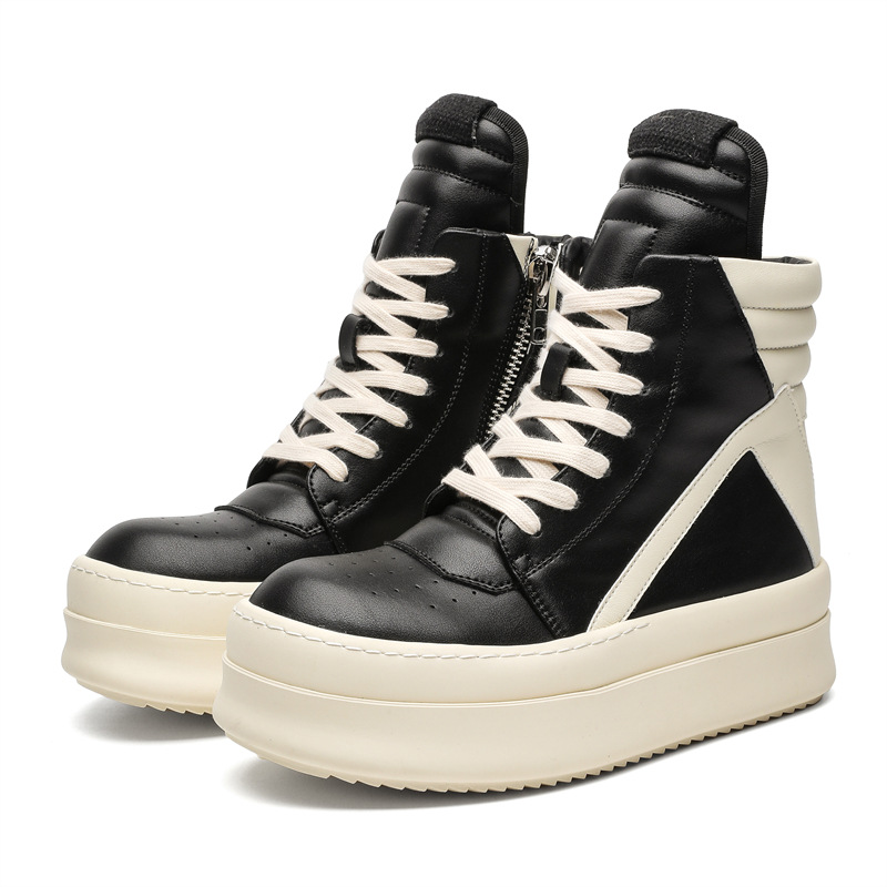 2024 New Inverted Triangle Thick-Soled Sneakers for Men, Autumn and Winter Black and White Fashionable Genuine Leather Dark High Street Couple Trendy Shoes