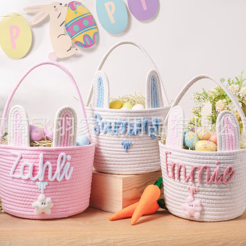 Factory Direct Sales Easter Basket Cross-Border Easter Egg Tote Basket Cotton String Candy Bag Storage Basket