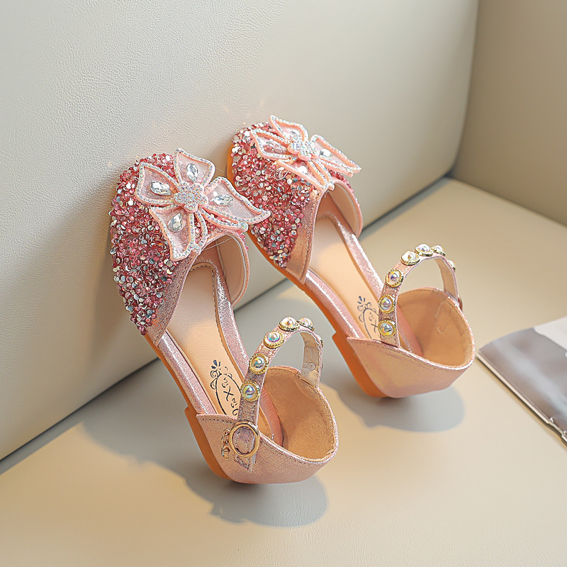 Girls Princess Shoes 2025 Summer New Fashion Soft Sole Crystal Diamond Bow Sandals Baby Style Small Leather Shoes