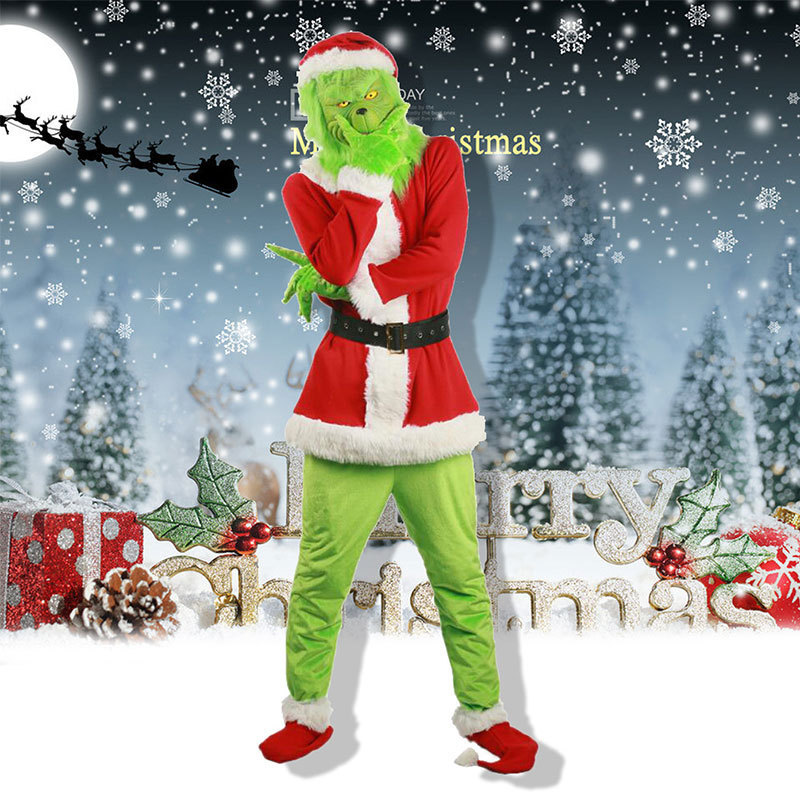European and American Christmas Clothing for Adults and Kidsren, Green-Haired Monster Grinch Costume, Mask, Hood, Party Costume