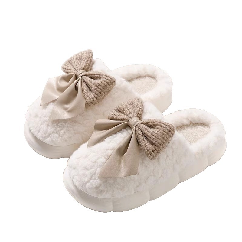 New Cotton Slippers for Men and Women in Winter with Bow Thick Soles for Home Furry Slippers Indoor Warm Fleece-Lined Thick Sole Confinement Shoes
