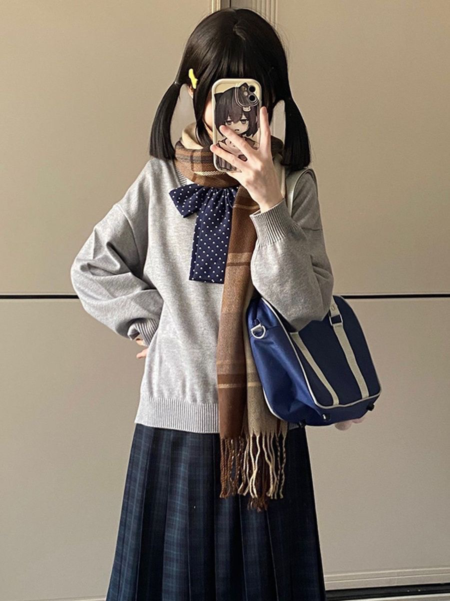 Seaweed Mid-Skirt Jk Uniform Japanese Style Petite Wear Knitted Sweater Long-Sleeved Preppy Style Long Skirt Autumn and Winter Suit