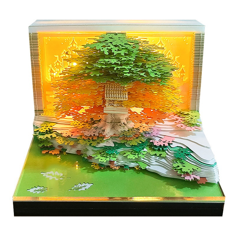 Cross-Border Hot Selling Creative Paper Carving Calendar Flower Sea Tree House 3D Stereo Note Company Corporate Souvenir Desktop Ornaments