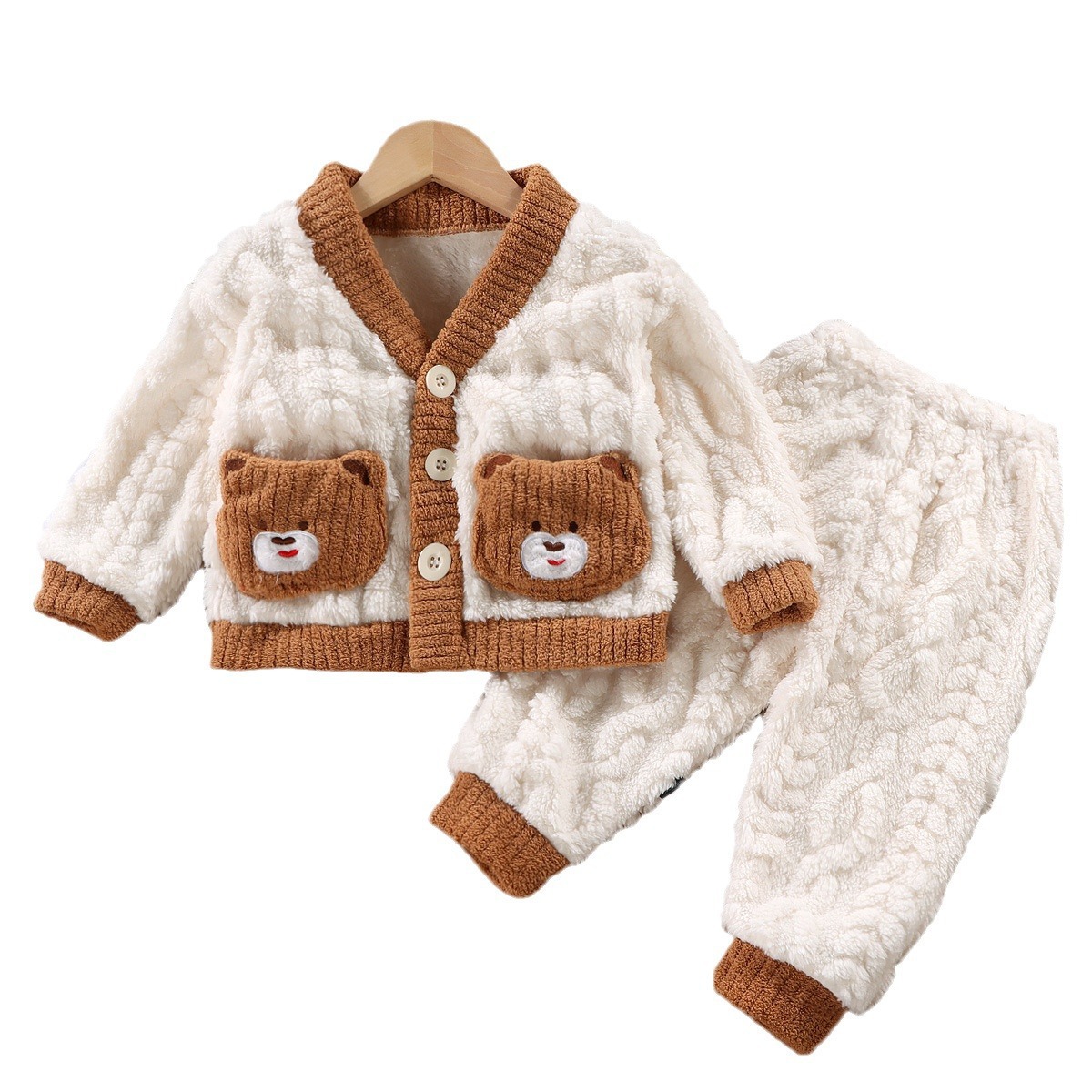 New Kidsren's Home Clothes Set, Flannel Pajamas Jacket for Boys and Girls, Thickeneded and Warm Two-Piece Set