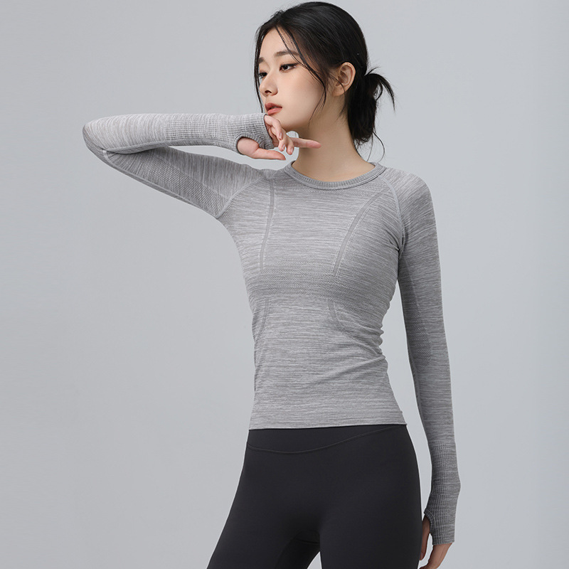Бесшовная универсальная йога одежда круглый вырез приталенный утягивающий спортивный длинный рукав 2024 осень и зима топ футболка универсальная