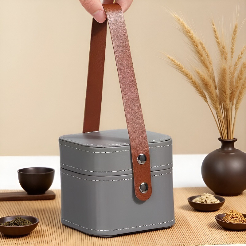 Ceramic Tea Set Cosmetics Bag, Portable Tea Set Travel Bag, Shockproof One Pot, Four Cups, Two Cups, Handbag, Leather Bag Logo