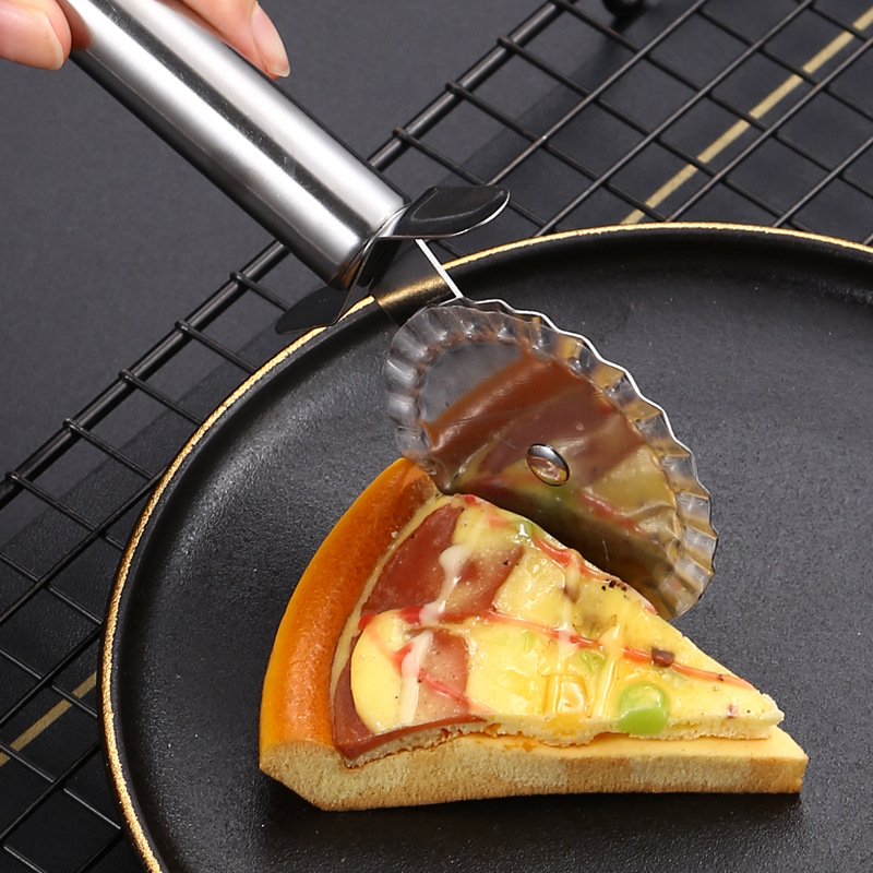 Creative Kitchen Baking Tools Stainless Steel Single Wheel Pizza Cutter Round Tube Handle Double Wheel Lace Pizza Wheel Knife