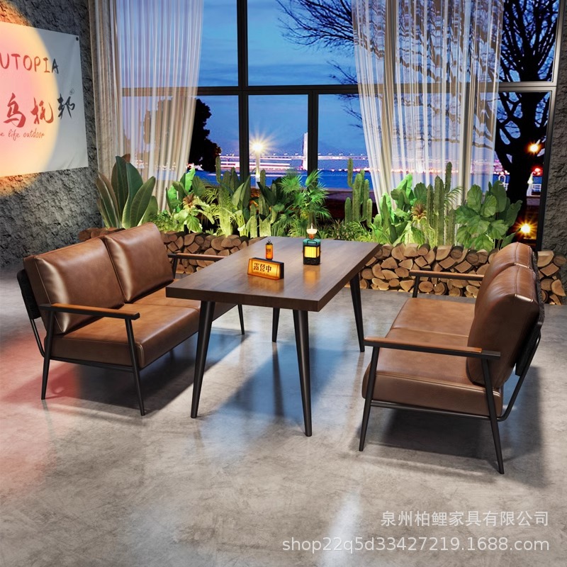 Trendy Camping-Style Bar Booth Sofa Barbecue Restaurant Coffee Shop Themed Restaurant Dining Bar Bistro Bar Table and Chairs