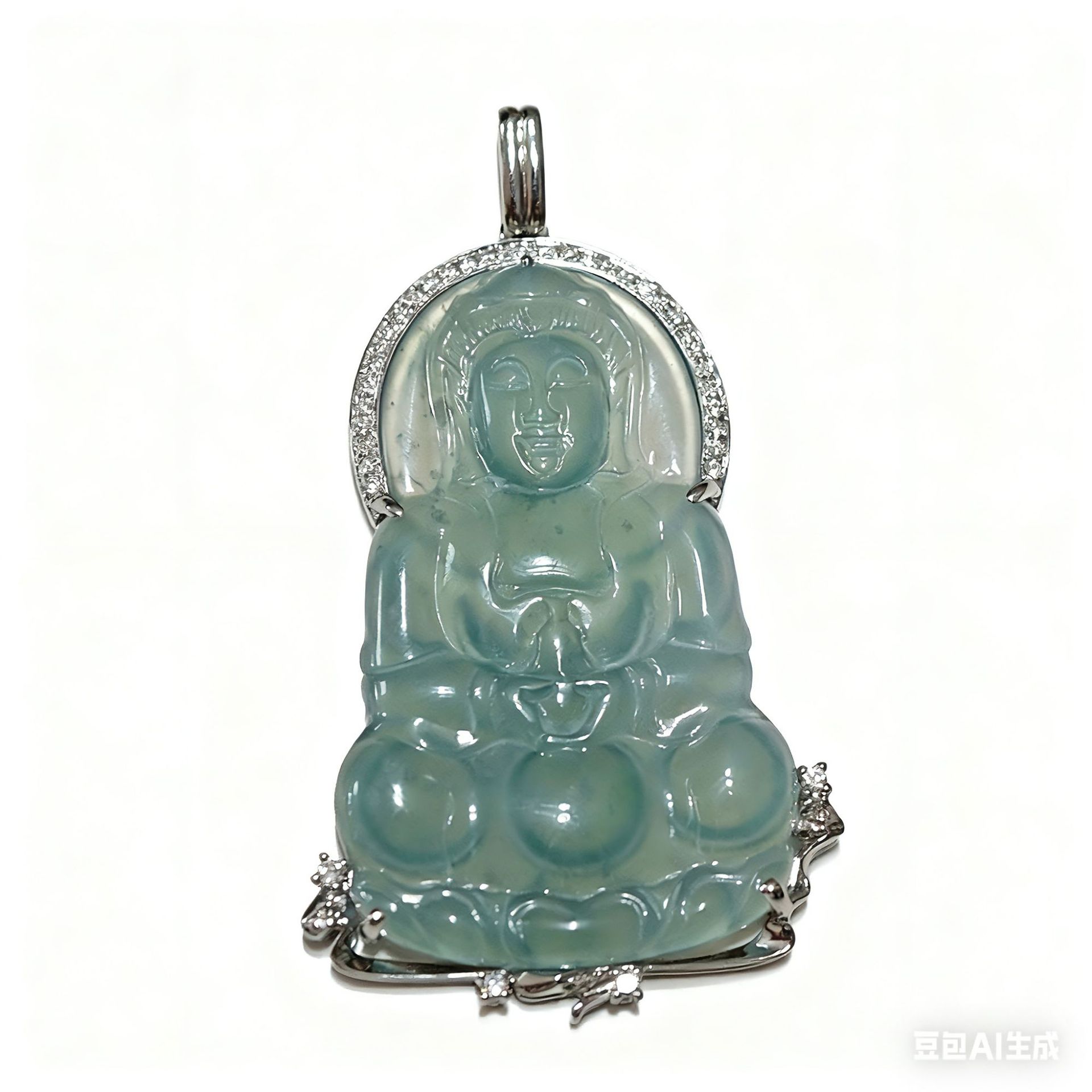 Platinum Pt950 Cultivated Diamond Jade Guanyin Inlaid Full Diamond Pendant