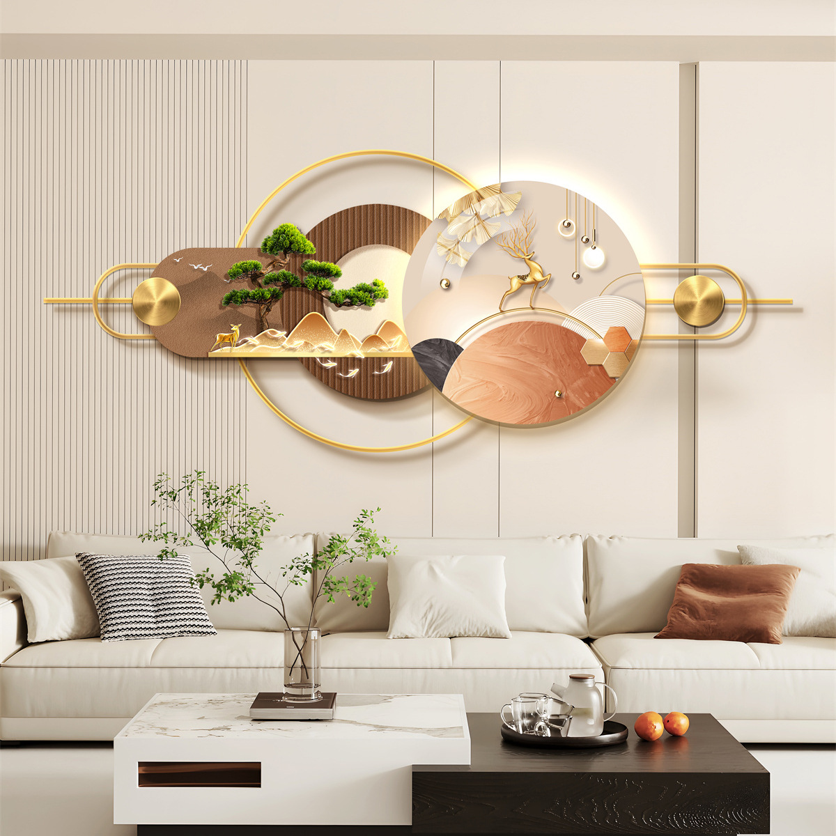 New Living Room Three-Dimensional Mural Decorative Painting Sofa Background Wall High-End Lamp Painting Aluminum Alloy Combination Hanging Painting