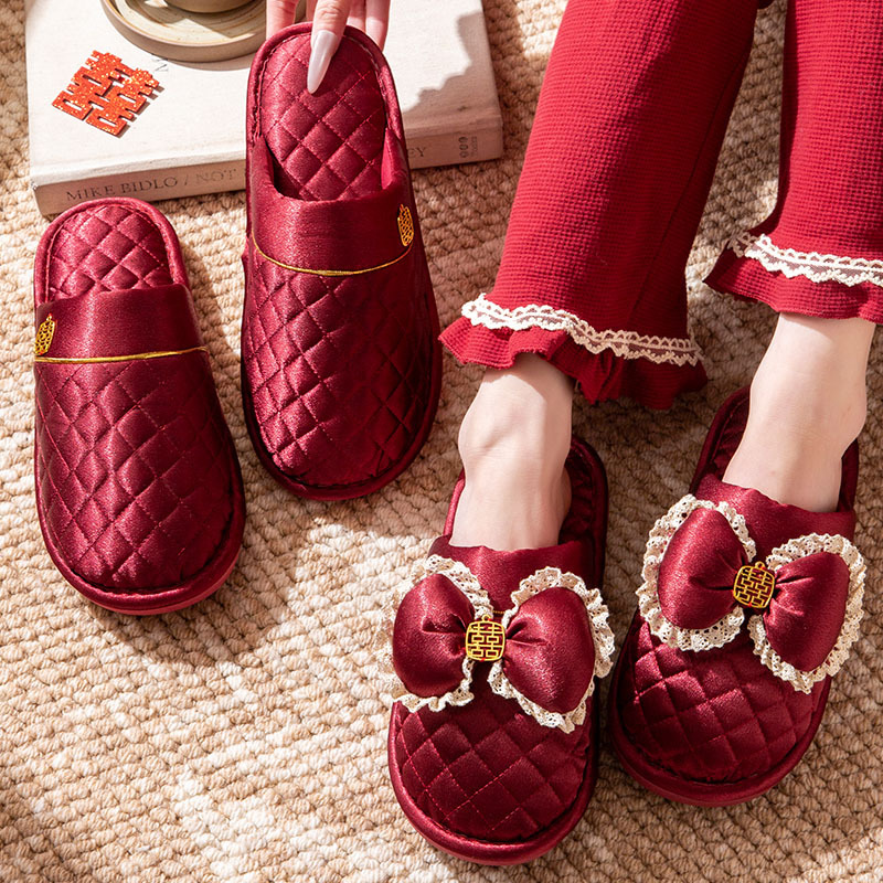 Slippers Red Wedding Pair Autumn and Winter Bride and Groom Bride Dowry Wedding Wedding Couple Slippers Baotou Non-Slip