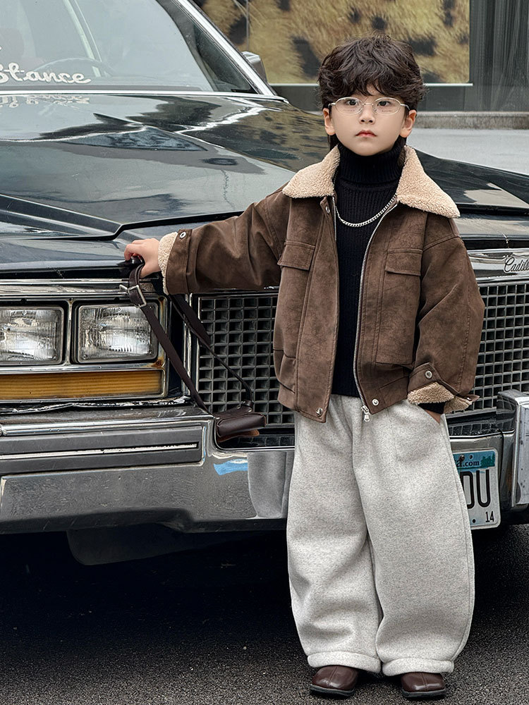 Boys' Fur Collar Jacket 2025 Autumn and Winter New Style Fleece-Lined Thickened Children's Leather Jacket Stylish Trendy One-Piece Wholesale