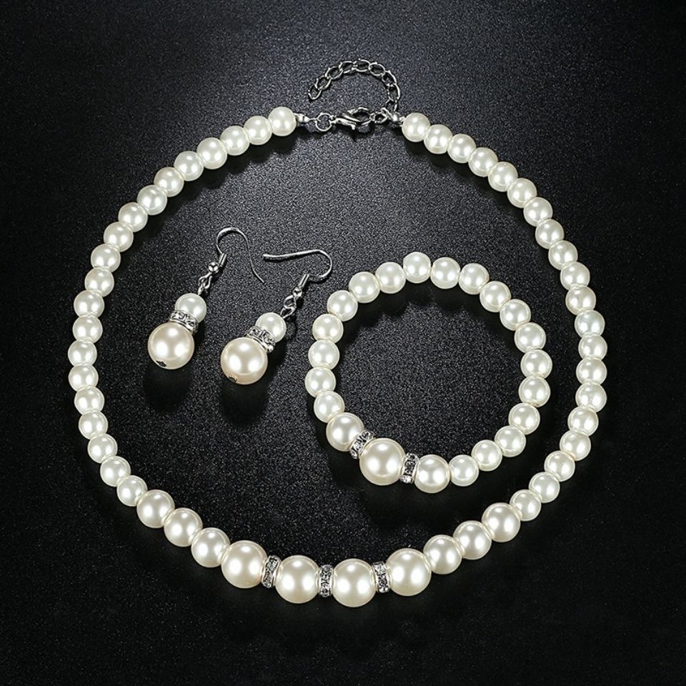 ABS pearl jewelry suit women's necklace earrings bracelet three-piece set gift for Mother beautiful wedding photo accessories
