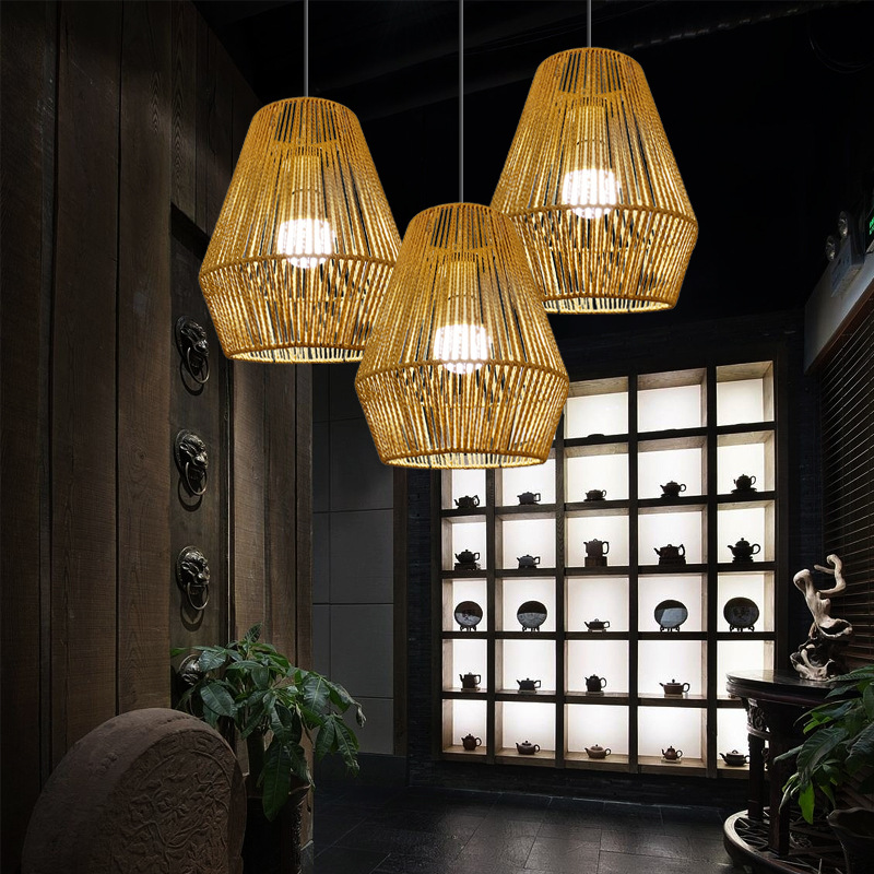 Chinese Retro Woven Chandelier Bedroom Clothing Store Living Room Cafe Hot Pot Restaurant Industrial Style Paper Rope Lamps Wholesale