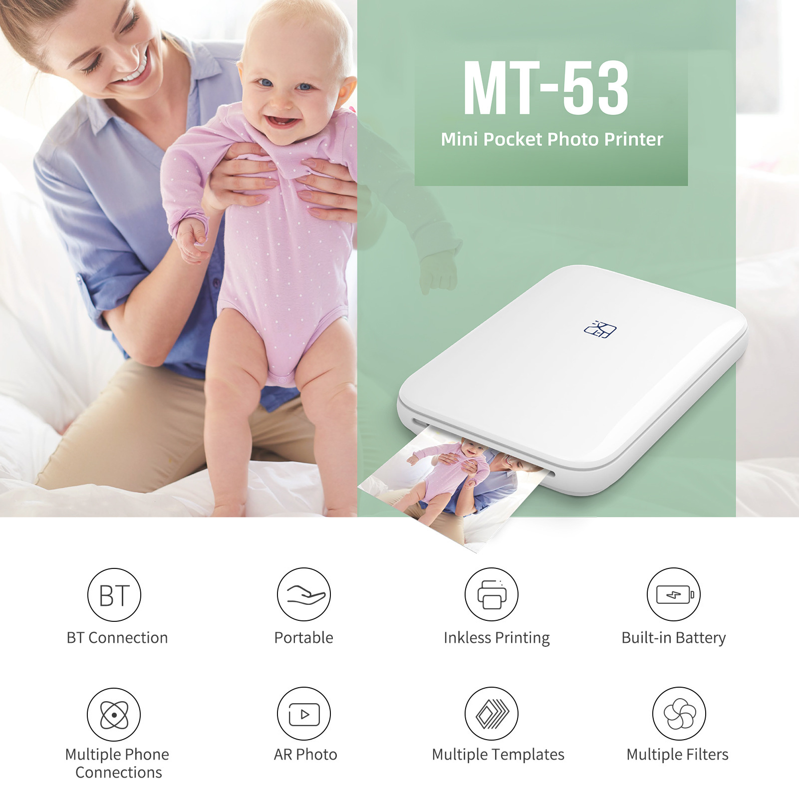 Hanyin Mt53 Color Photo Printer Portable Bluetooth Mini 3inch Pocket Id Photo Printer